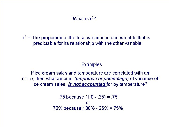 What is r 2? r 2 = The proportion of the total variance in