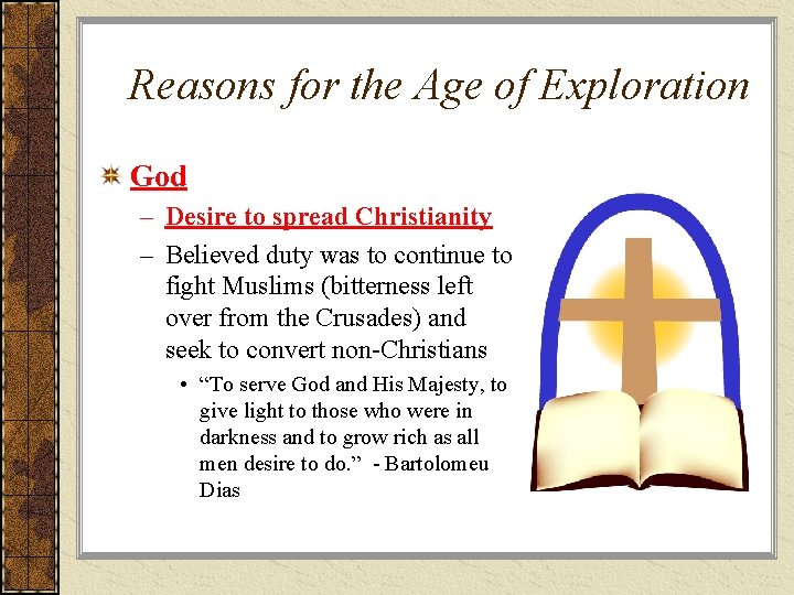 Reasons for the Age of Exploration God – Desire to spread Christianity – Believed