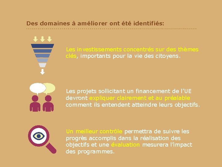 Des domaines à améliorer ont été identifiés: Les investissements concentrés sur des thèmes clés,
