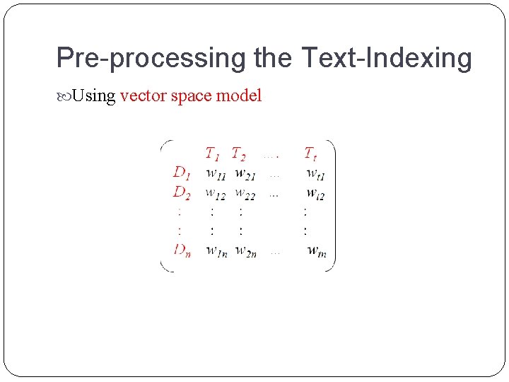 Pre-processing the Text-Indexing Using vector space model 