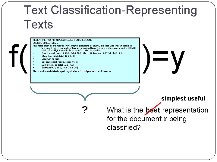 Text Classification-Representing Texts f( ARGENTINE 1986/87 GRAIN/OILSEED REGISTRATIONS BUENOS AIRES, Feb 26 Argentine grain