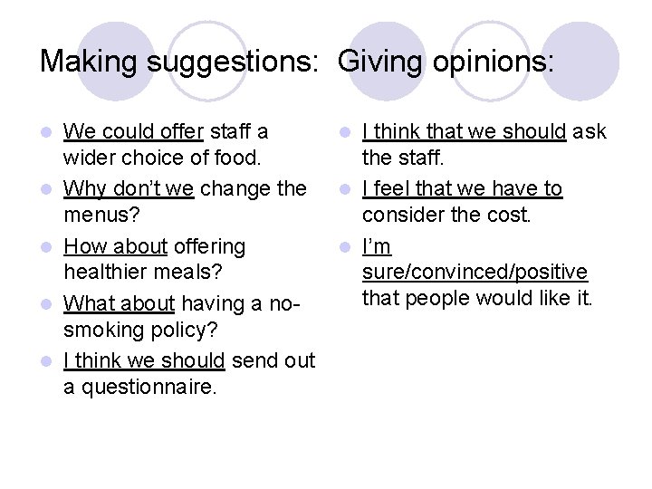 Making suggestions: Giving opinions: l l l We could offer staff a wider choice