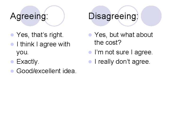 Agreeing: Disagreeing: Yes, that’s right. l I think I agree with you. l Exactly.