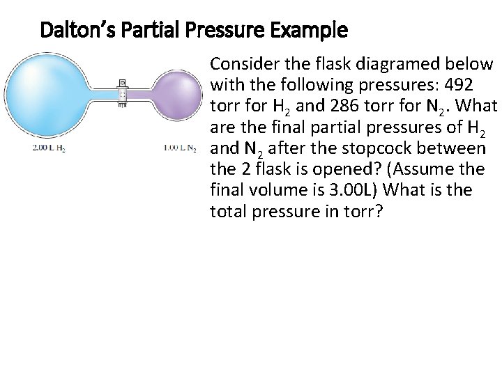 Dalton’s Partial Pressure Example Consider the flask diagramed below with the following pressures: 492 Dalton’s Partial Pressure Example Consider the flask diagramed below with the following pressures: 492