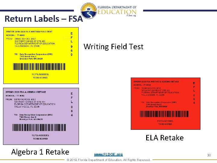 Return Labels – FSA Writing Field Test ELA Retake Algebra 1 Retake www. FLDOE. Return Labels – FSA Writing Field Test ELA Retake Algebra 1 Retake www. FLDOE.