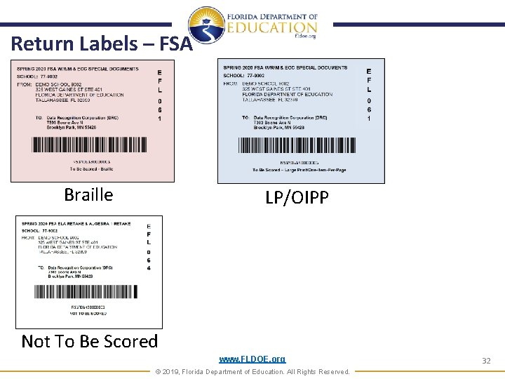 Return Labels – FSA Braille LP/OIPP Not To Be Scored www. FLDOE. org © Return Labels – FSA Braille LP/OIPP Not To Be Scored www. FLDOE. org ©
