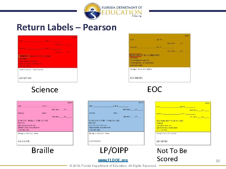 Return Labels – Pearson EOC Science Braille LP/OIPP www. FLDOE. org © 2019, Florida Return Labels – Pearson EOC Science Braille LP/OIPP www. FLDOE. org © 2019, Florida