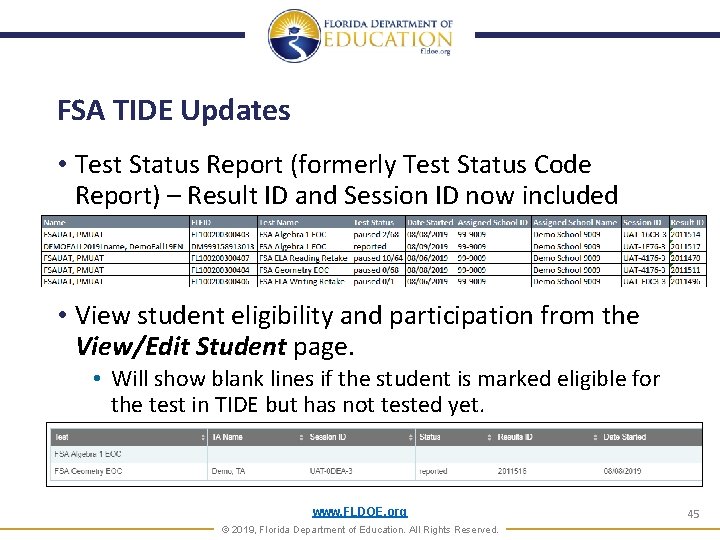 FSA TIDE Updates • Test Status Report (formerly Test Status Code Report) – Result FSA TIDE Updates • Test Status Report (formerly Test Status Code Report) – Result