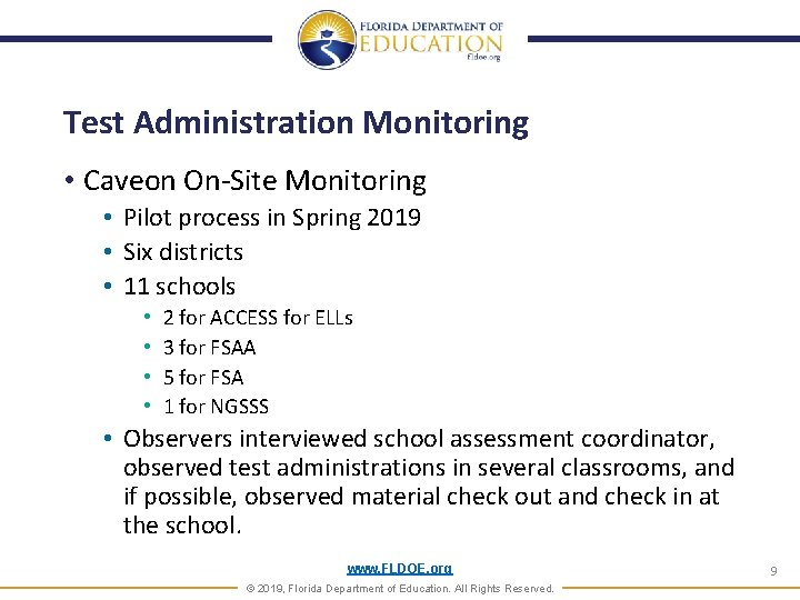 Test Administration Monitoring • Caveon On-Site Monitoring • Pilot process in Spring 2019 • Test Administration Monitoring • Caveon On-Site Monitoring • Pilot process in Spring 2019 •