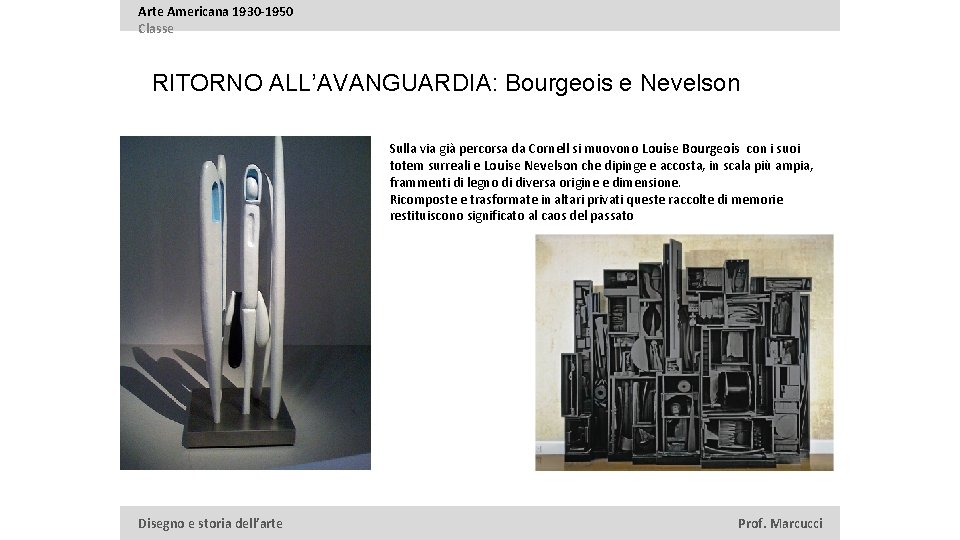 Arte Americana 1930 -1950 Classe RITORNO ALL’AVANGUARDIA: Bourgeois e Nevelson Sulla via già percorsa