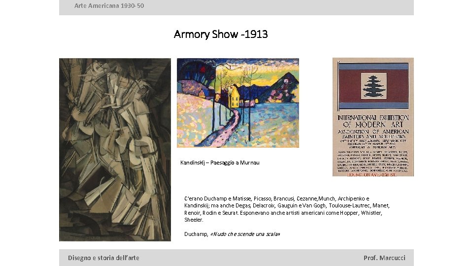 Arte Americana 1930 -50 Armory Show -1913 Kandinskij – Paesaggio a Murnau C'erano Duchamp