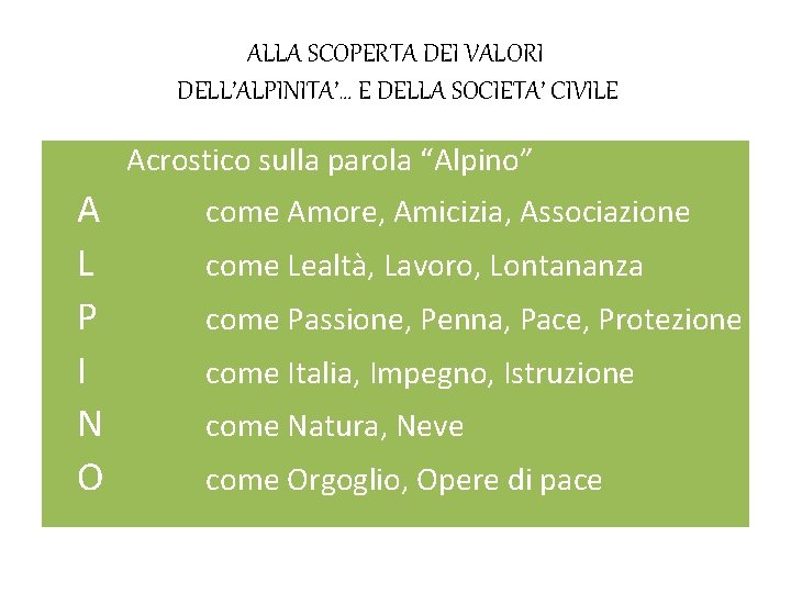 ALLA SCOPERTA DEI VALORI DELL’ALPINITA’… E DELLA SOCIETA’ CIVILE Acrostico sulla parola “Alpino” A