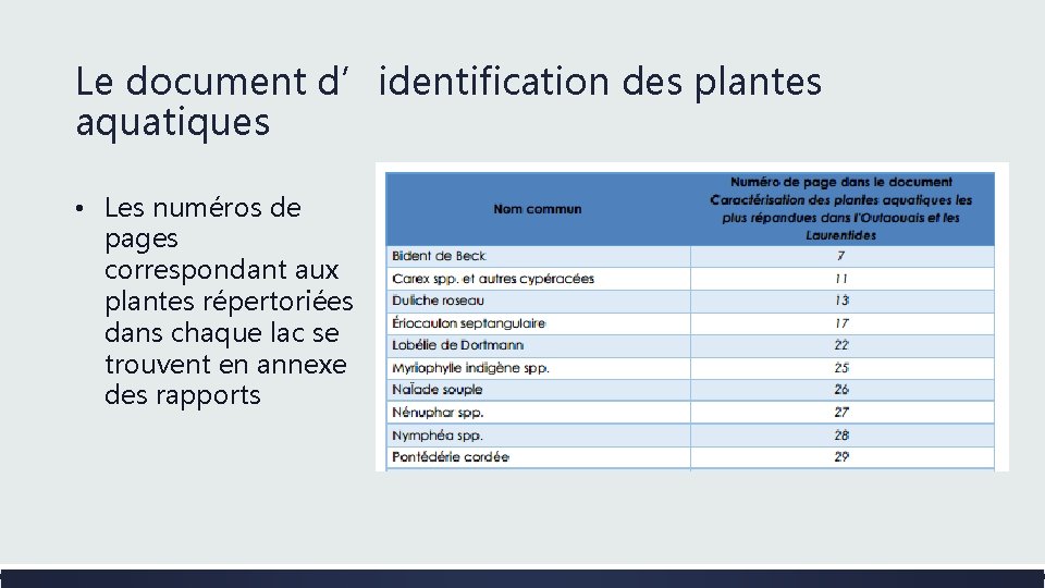 Le document d’identification des plantes aquatiques • Les numéros de pages correspondant aux plantes