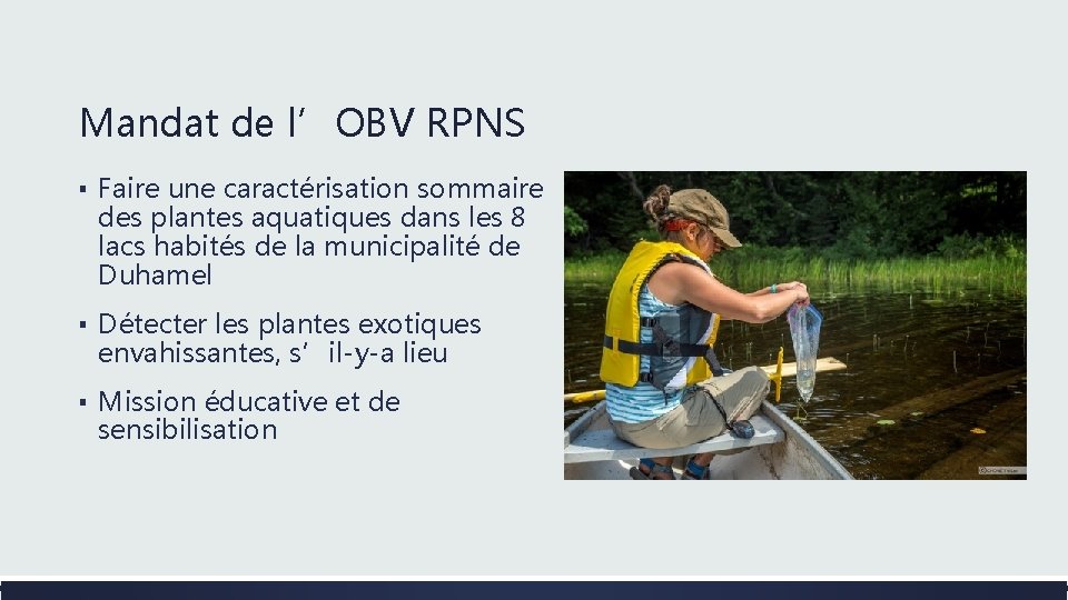 Mandat de l’OBV RPNS ▪ Faire une caractérisation sommaire des plantes aquatiques dans les