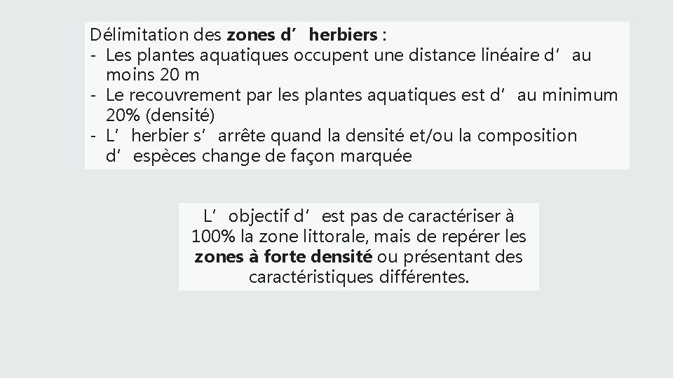 Délimitation des zones d’herbiers : - Les plantes aquatiques occupent une distance linéaire d’au