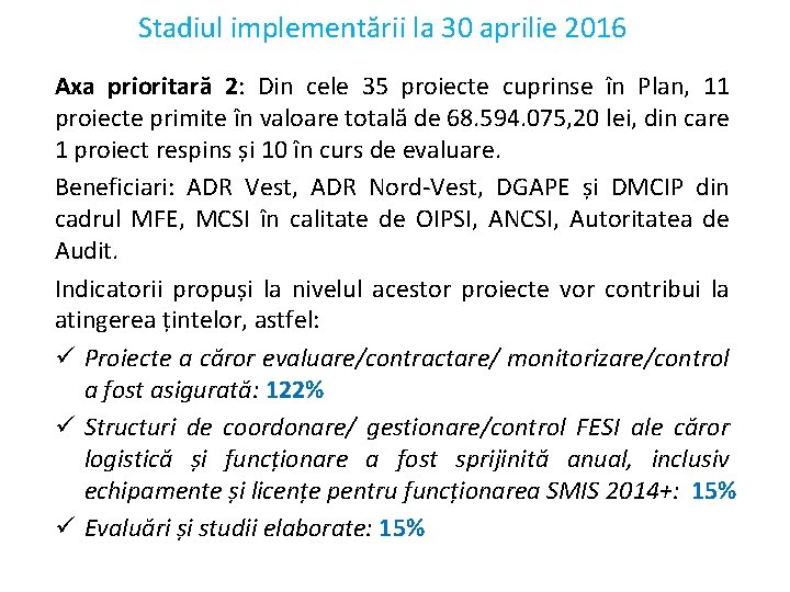 Stadiul implementării la 30 aprilie 2016 Axa prioritară 2: Din cele 35 proiecte cuprinse Stadiul implementării la 30 aprilie 2016 Axa prioritară 2: Din cele 35 proiecte cuprinse