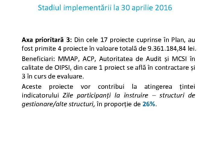 Stadiul implementării la 30 aprilie 2016 Axa prioritară 3: Din cele 17 proiecte cuprinse Stadiul implementării la 30 aprilie 2016 Axa prioritară 3: Din cele 17 proiecte cuprinse