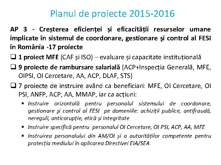 Planul de proiecte 2015 -2016 AP 3 - Creșterea eficienței și eficacității resurselor umane Planul de proiecte 2015 -2016 AP 3 - Creșterea eficienței și eficacității resurselor umane