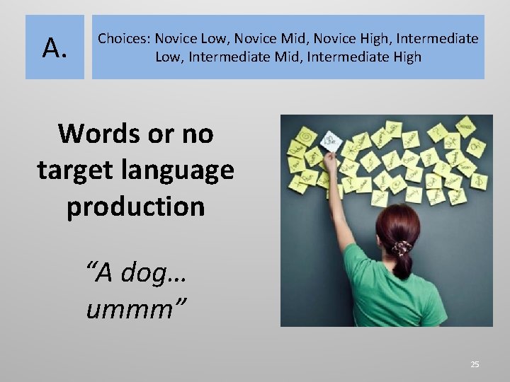 A. Choices: Novice Low, Novice Mid, Novice High, Intermediate Low, Intermediate Mid, Intermediate High