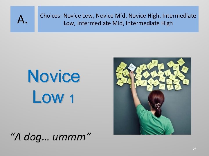 A. Choices: Novice Low, Novice Mid, Novice High, Intermediate Low, Intermediate Mid, Intermediate High