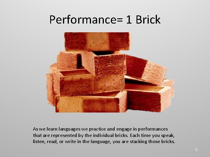 Performance= 1 Brick As we learn languages we practice and engage in performances that