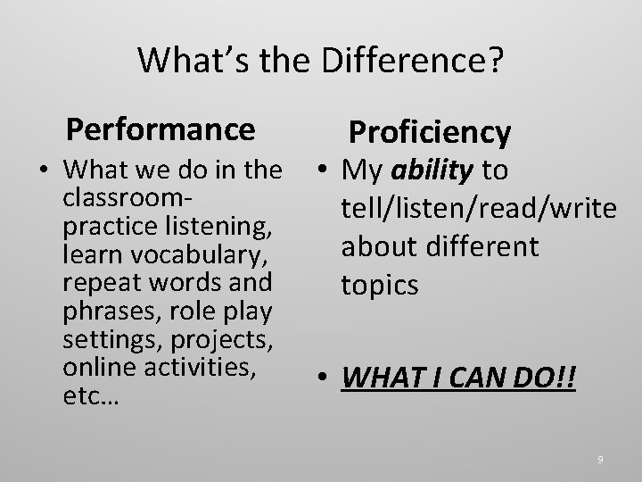 What’s the Difference? Performance • What we do in the classroompractice listening, learn vocabulary,