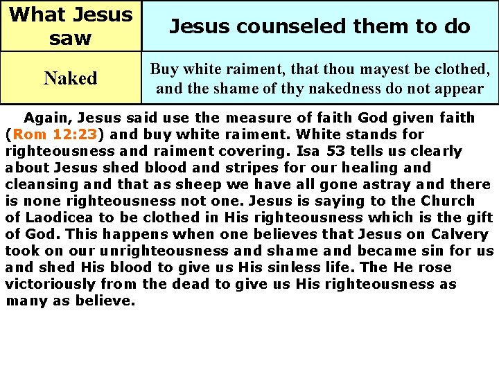 What Jesus saw Jesus counseled them to do Naked Buy white raiment, that thou