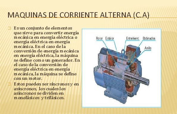 MAQUINAS DE CORRIENTE ALTERNA (C. A) � � Es un conjunto de elementos que