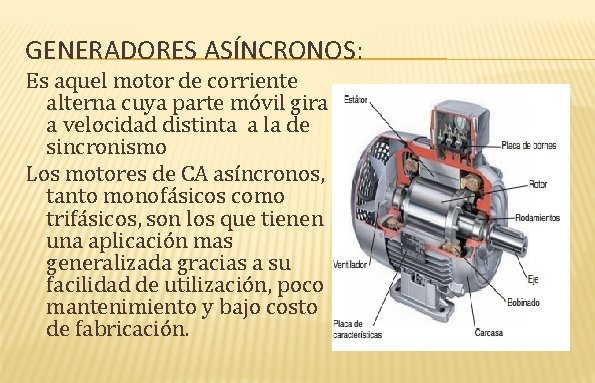 GENERADORES ASÍNCRONOS: Es aquel motor de corriente alterna cuya parte móvil gira a velocidad