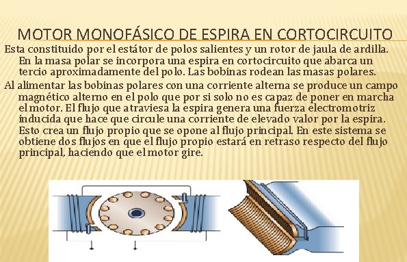 MOTOR MONOFÁSICO DE ESPIRA EN CORTOCIRCUITO Esta constituido por el estátor de polos salientes