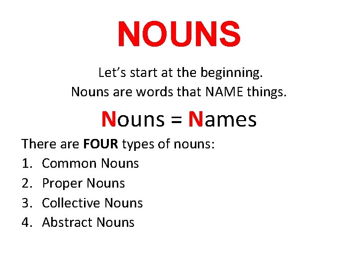 NOUNS Let’s start at the beginning. Nouns are words that NAME things. Nouns =