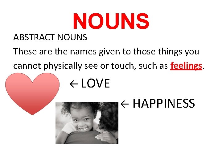 NOUNS ABSTRACT NOUNS These are the names given to those things you cannot physically