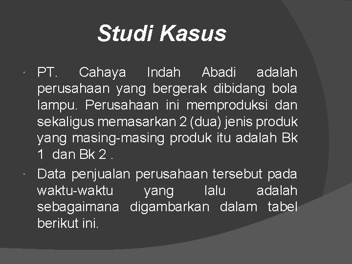 Studi Kasus PT. Cahaya Indah Abadi adalah perusahaan yang bergerak dibidang bola lampu. Perusahaan