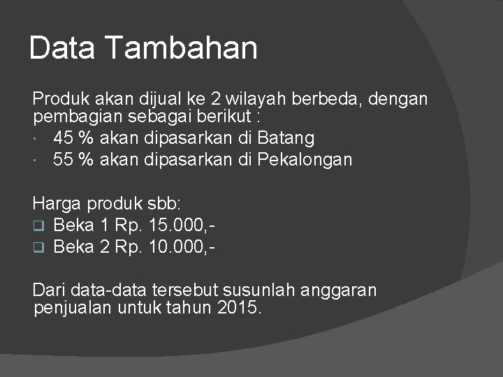 Data Tambahan Produk akan dijual ke 2 wilayah berbeda, dengan pembagian sebagai berikut :