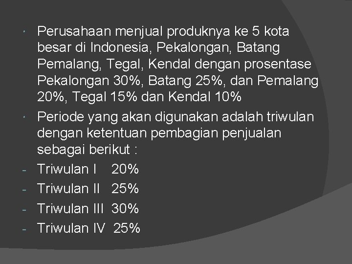  - Perusahaan menjual produknya ke 5 kota besar di Indonesia, Pekalongan, Batang Pemalang,