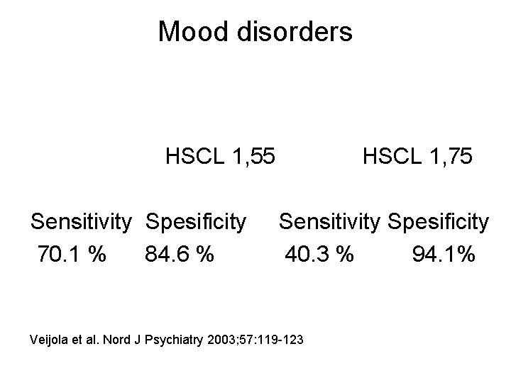 Mood disorders HSCL 1, 55 Sensitivity Spesificity 70. 1 % 84. 6 % HSCL