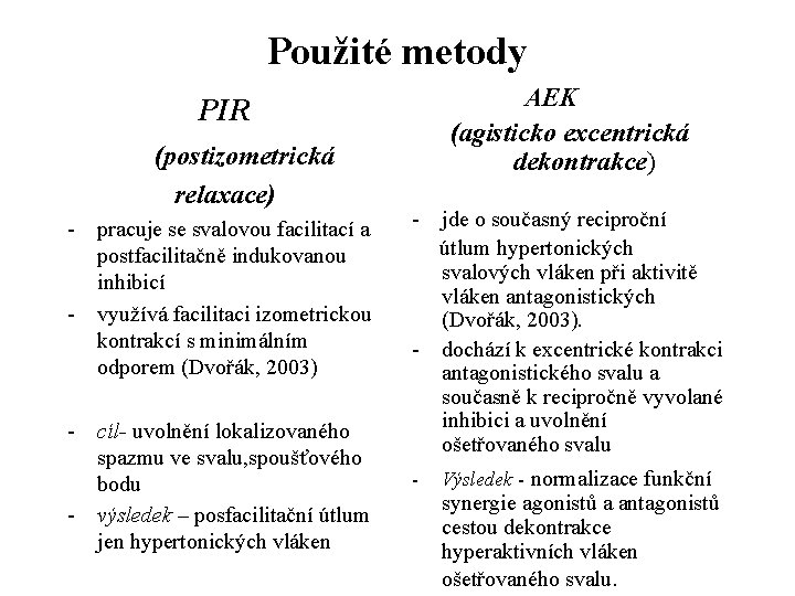 Použité metody AEK (agisticko excentrická dekontrakce) PIR (postizometrická relaxace) - pracuje se svalovou facilitací Použité metody AEK (agisticko excentrická dekontrakce) PIR (postizometrická relaxace) - pracuje se svalovou facilitací