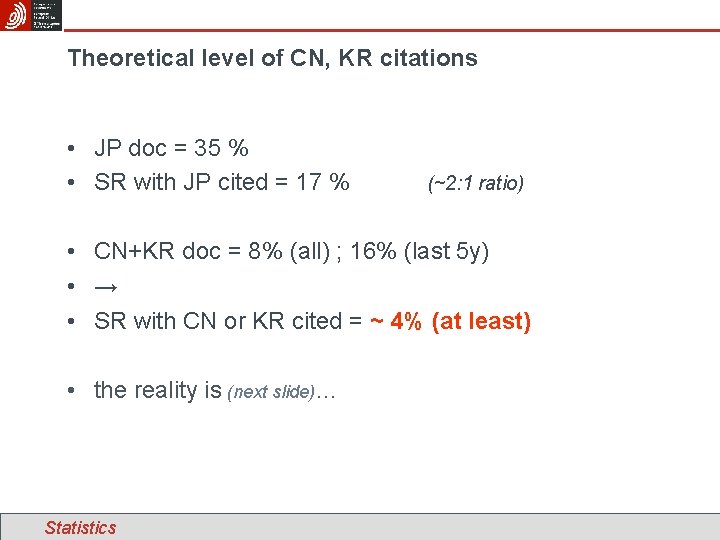 Theoretical level of CN, KR citations • JP doc = 35 % • SR