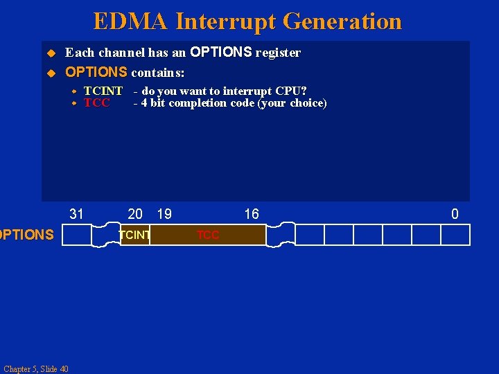 EDMA Interrupt Generation Each channel has an OPTIONS register OPTIONS contains: TCINT - do