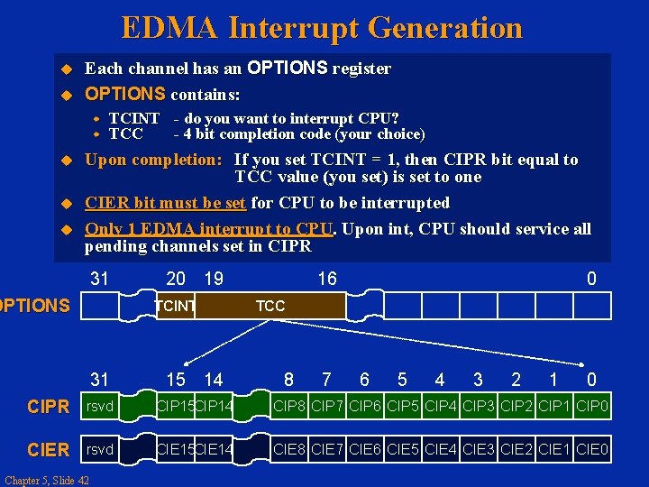 EDMA Interrupt Generation Each channel has an OPTIONS register OPTIONS contains: TCINT - do