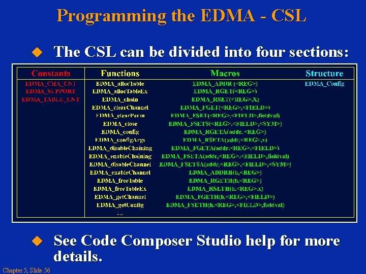 Programming the EDMA - CSL The CSL can be divided into four sections: See