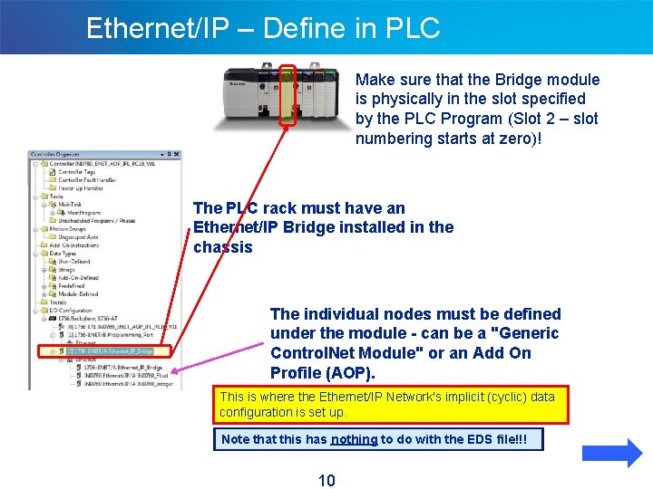 Ethernet/IP – Define in PLC Make sure that the Bridge module is physically in