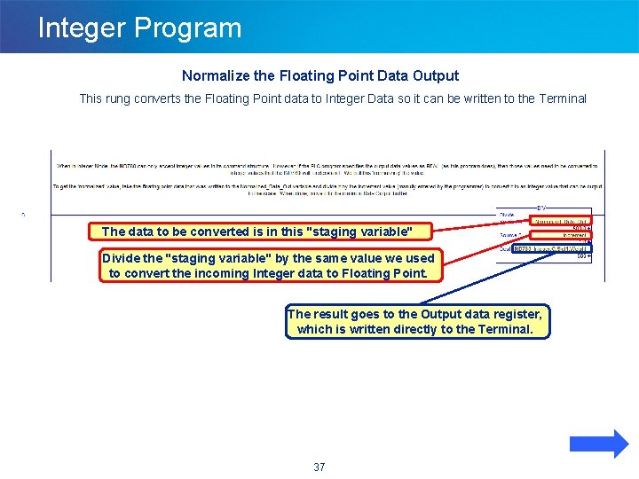 Integer Program Normalize the Floating Point Data Output This rung converts the Floating Point