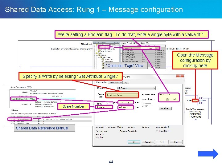 Shared Data Access: Rung 1 – Message configuration We're setting a Boolean flag. To