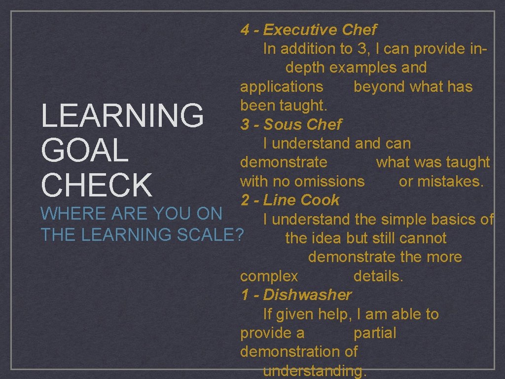 4 - Executive Chef In addition to 3, I can provide indepth examples and