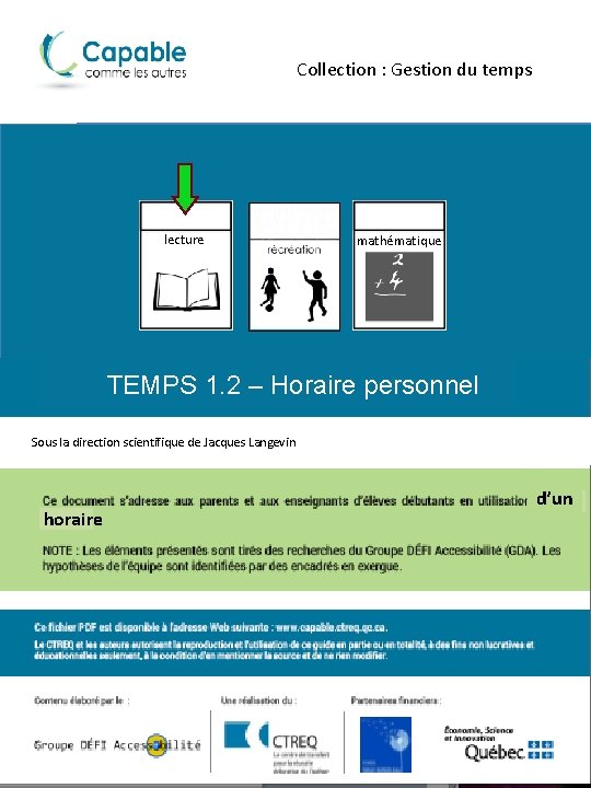 Collection : Gestion du temps lecture mathématique TEMPS 1. 2 – Horaire personnel Sous