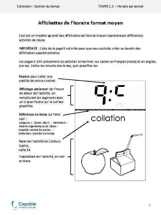 Collection : Gestion du temps TEMPS 1. 2 – Horaire personnel Affichettes de l’horaire