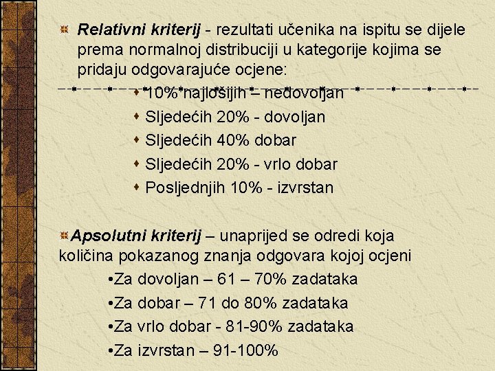 Relativni kriterij - rezultati učenika na ispitu se dijele prema normalnoj distribuciji u kategorije