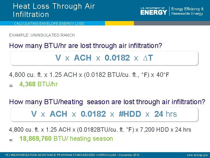 Heat Loss Through Air Infiltration CALCULATING ENVELOPE ENERGY LOSS EXAMPLE: UNINSULATED RANCH How many