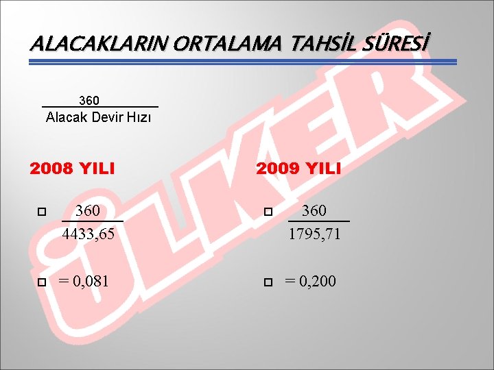 ALACAKLARIN ORTALAMA TAHSİL SÜRESİ _________ 360 Alacak Devir Hızı 2008 YILI 360 _____ 2009